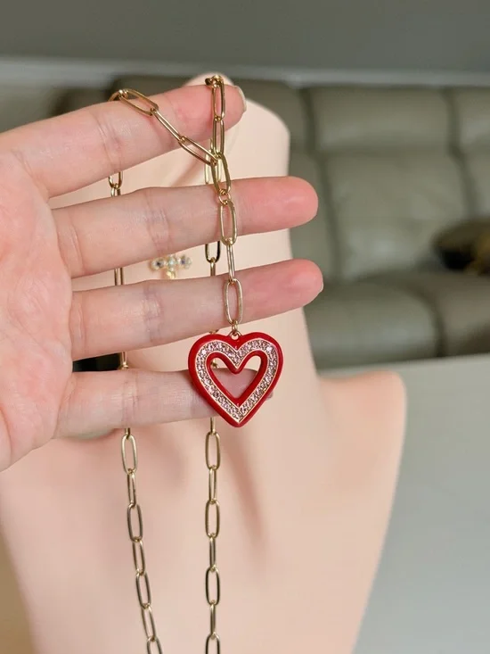 Gold Chain Necklace with Red Heart Pendant - Picture 5 of 7